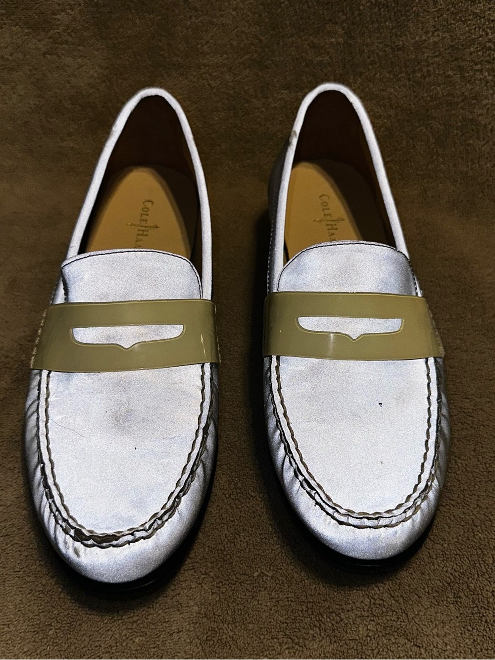 Cole Haan Reflective Silver Loafers with Olive Strap